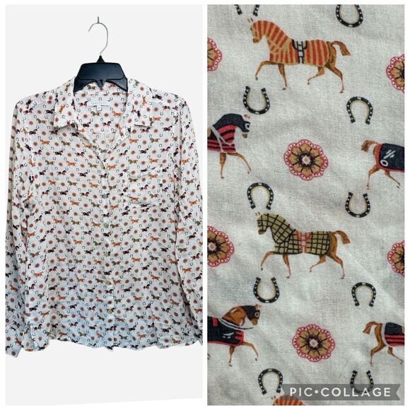 FoxCroft Tencel 100% Blouse Size 10 Long Sleeve Shirt Equestrian Horse Print - Picture 1 of 10